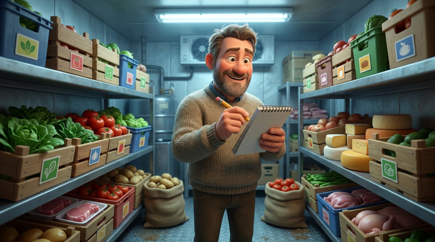 Restaurator care face inventarul în camera frigorifică, cu un carnet în mână, printre rafturi cu legume, brânzeturi și lăzi etichetate