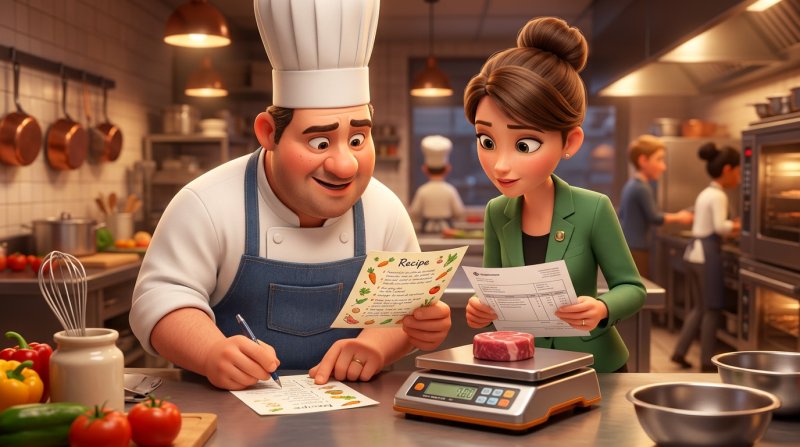 Chefe de cozinha e gestora do restaurante a comparar uma ficha técnica com uma fatura de fornecedor na bancada da cozinha, com uma balança ao lado