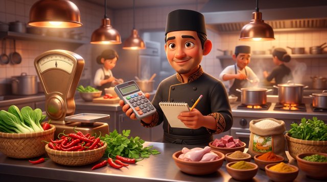 Ilustrasi 3D koki restoran Indonesia memegang kalkulator dan buku catatan di dapur profesional, dikelilingi cabai merah, beras, sayuran, dan daging yang tertata di meja stainless dengan timbangan dapur