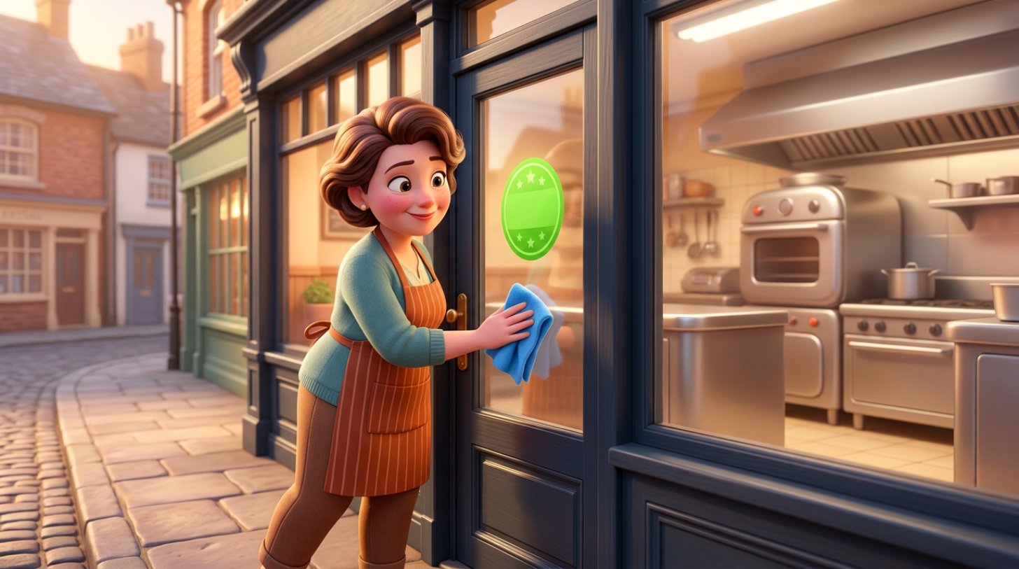 Restaurant owner polishing her front door where a green hygiene rating sticker is displayed, with a spotless kitchen visible behind her
