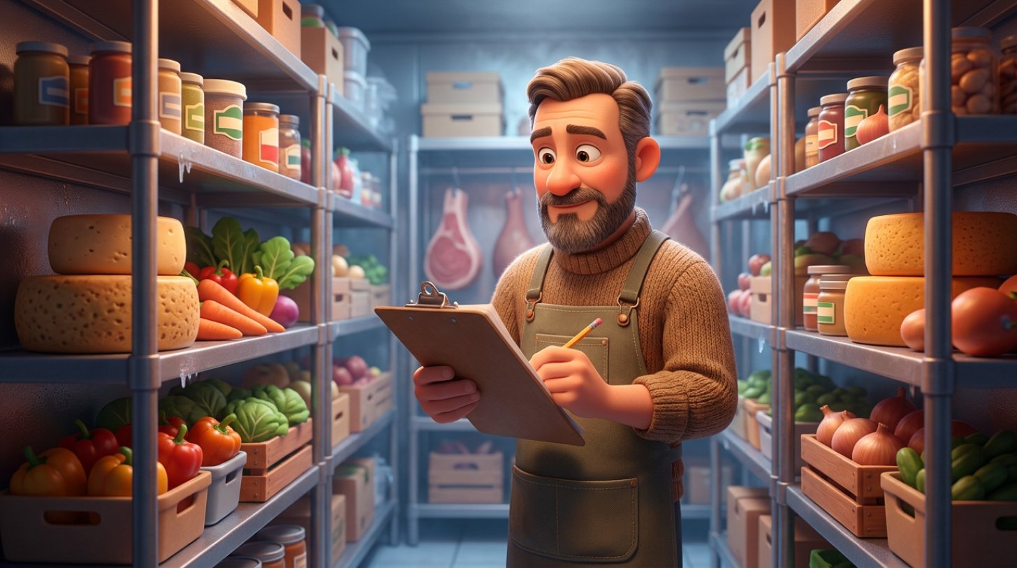 Illustratie van een restauranthouder die met een klembord de voorraad telt in zijn koelcel, omringd door stellingen met groenten, kazen en gelabelde bakken