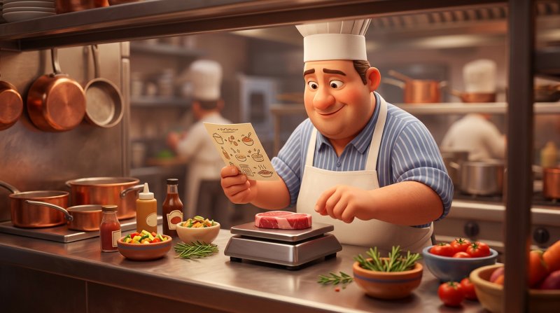 Illustratie van een kok die aan de pas van een restaurantkeuken een vleesportie op de weegschaal vergelijkt met de receptuurkaart