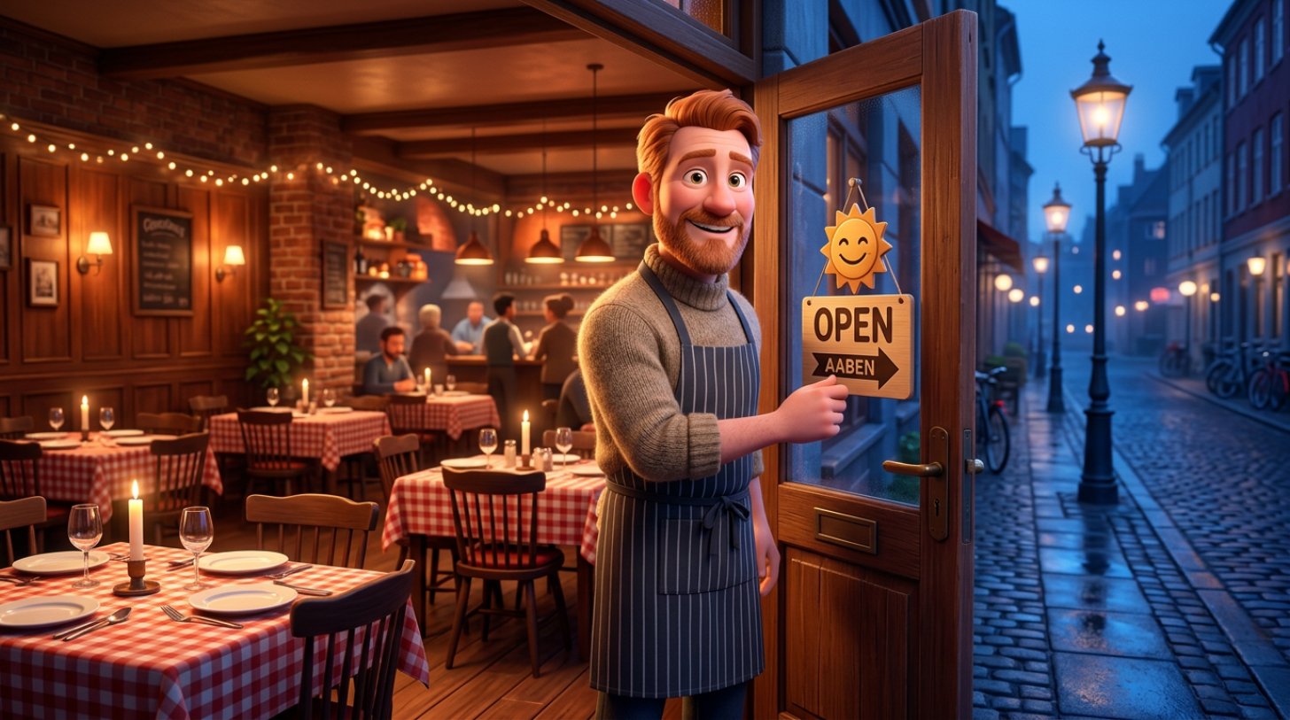 Illustration af en smilende restauratør, der vender Åbent-skiltet en stille hverdagsaften, med en varmt oplyst restaurant med dækkede borde i baggrunden