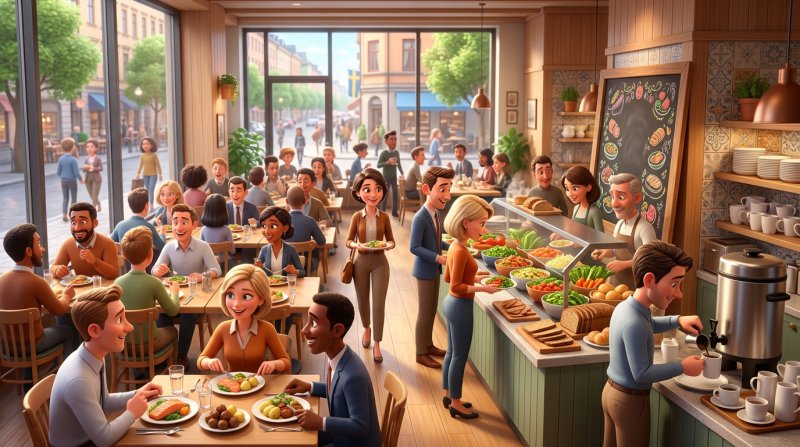 Fullsatt lunchrestaurang mitt på dagen med gäster i kontorskläder, salladsbuffé och en griffeltavla med veckans lunchrätter
