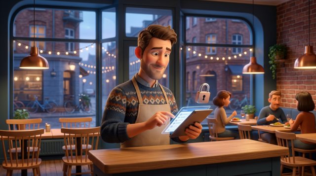 Rolig restauratør bag disken i sin restaurant kigger på gæstelisten på en tablet, mens et hængelås-symbol ved siden af skærmen symboliserer databeskyttelse