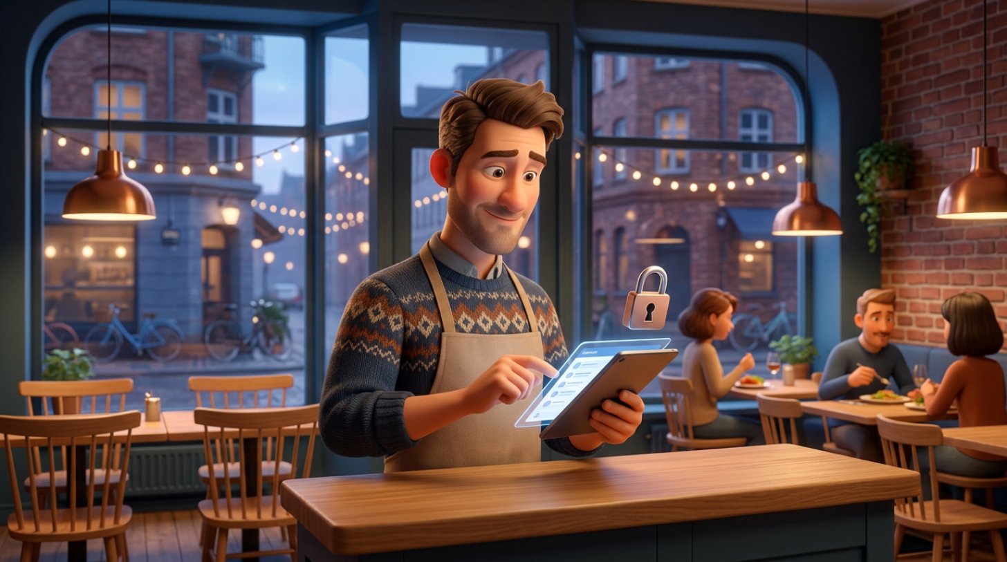 Rolig restauratør bag disken i sin restaurant kigger på gæstelisten på en tablet, mens et hængelås-symbol ved siden af skærmen symboliserer databeskyttelse