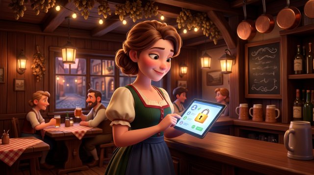 Illustration eines gelassenen Gastronomen, der hinter dem Tresen seines Gasthauses die Gästedatenbank auf einem Tablet prüft, ein Schlosssymbol auf dem Bildschirm steht für Datenschutz