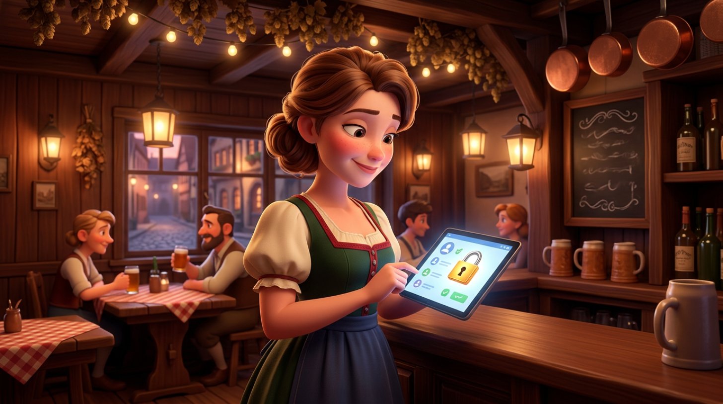 Illustration eines gelassenen Gastronomen, der hinter dem Tresen seines Gasthauses die Gästedatenbank auf einem Tablet prüft, ein Schlosssymbol auf dem Bildschirm steht für Datenschutz