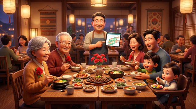 카네이션을 단 조부모와 부모, 아이들이 식당의 긴 가족 테이블에 둘러앉아 식사하고, 사장님이 예약이 가득 찬 캘린더 태블릿을 들고 서 있는 일러스트