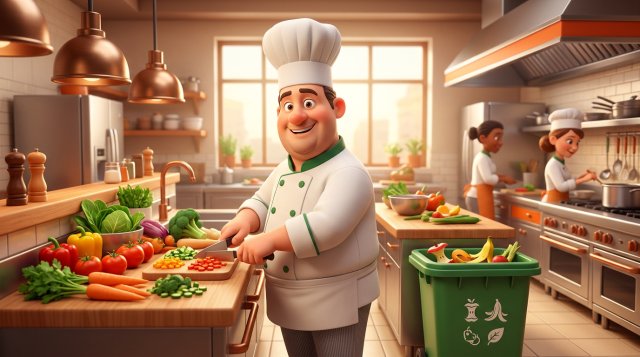 Illustration d'un cuisinier de restaurant devant un plan de travail avec des légumes frais d'un côté et une poubelle de tri des biodéchets de l'autre