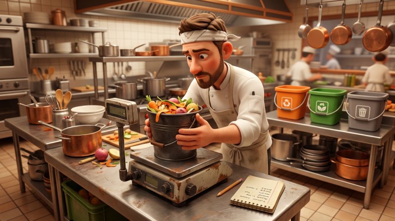 Cuisinier pesant un seau d'épluchures sur une balance de cuisine avec un carnet de suivi à côté
