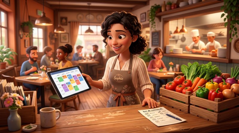 Restauratrice consultant le planning des réservations de la semaine sur une tablette pour préparer sa commande fournisseur