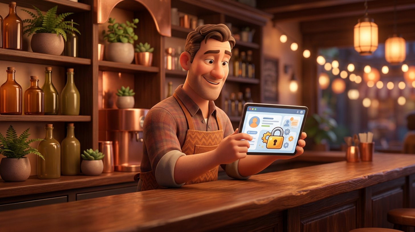 Ontspannen restauranthouder die achter de bar van zijn zaak het gastenbestand op een tablet bekijkt, met een slotsymbool op het scherm als teken van gegevensbescherming