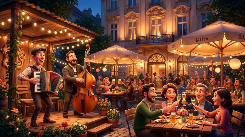 Kleine Band mit Akkordeon und Kontrabass spielt abends in einem Wiener Schanigarten vor anstoßenden Gästen
