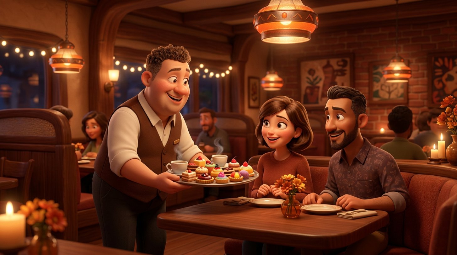 Illustratie van een glimlachende ober die een dessert presenteert aan gasten in een sfeervol restaurant