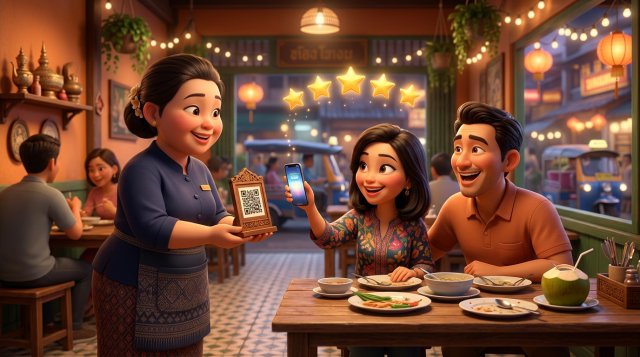พนักงานร้านอาหารไทยยื่นป้าย QR Code ให้ลูกค้าสแกนรีวิวร้านผ่านสมาร์ตโฟน โดยมีดาวสีทองลอยอยู่เหนือหน้าจอ