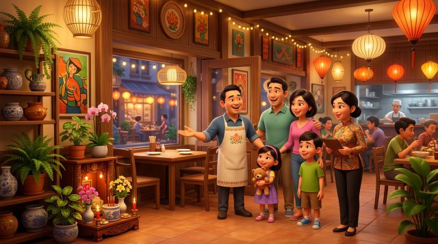 Chủ quán và nhân viên nhà hàng Việt tươi cười đón một gia đình khách quen ngay cửa, chỉ tay về phía bàn cạnh cửa sổ quen thuộc của họ trong không gian ấm áp buổi tối