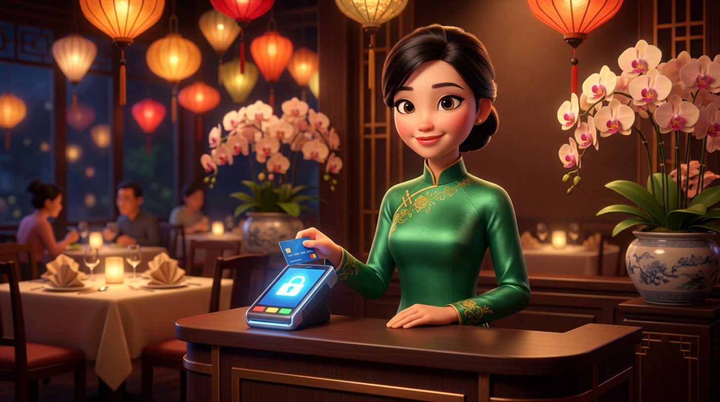 Lễ tân nhà hàng cao cấp Việt Nam cầm thẻ thanh toán bên máy đọc thẻ hiển thị biểu tượng ổ khóa, phía sau là bàn đã đặt trước