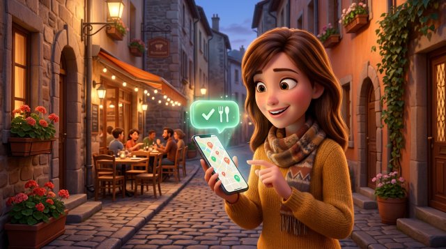 Mosolygó vendég okostelefonon foglal asztalt egy budapesti utcán, a képernyő felett világító foglalási gomb lebeg