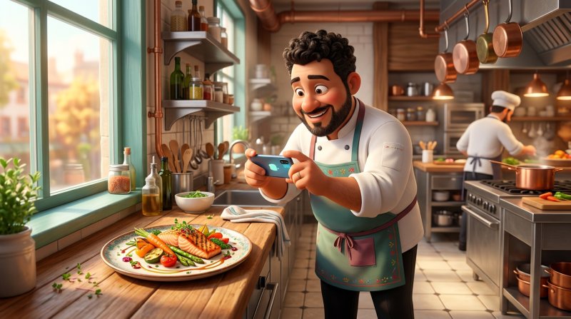 Chef-kok die met zijn smartphone een kleurrijk gerecht fotografeert in een lichte professionele keuken