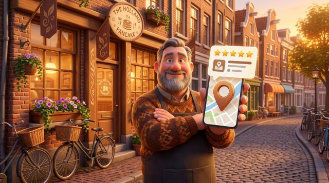 Trotse restauranthouder voor zijn zaak met een smartphone waarop zijn Google-profiel op een kaart met locatiepin te zien is