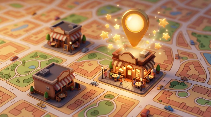 Drie gestileerde restaurants op een stadsplattegrond, het best scorende restaurant uitgelicht met een reusachtige locatiepin en sterren