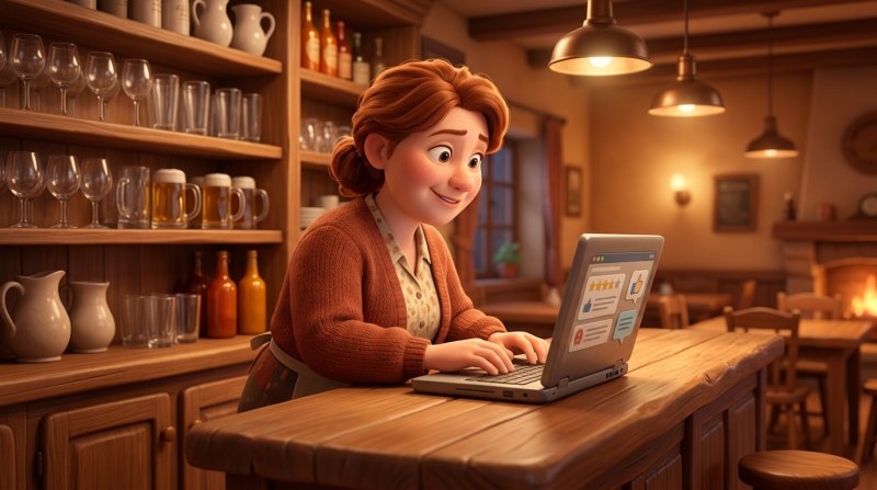Eine Wirtin beantwortet am Laptop hinter dem Tresen ihres Restaurants die Bewertungen ihrer Gäste