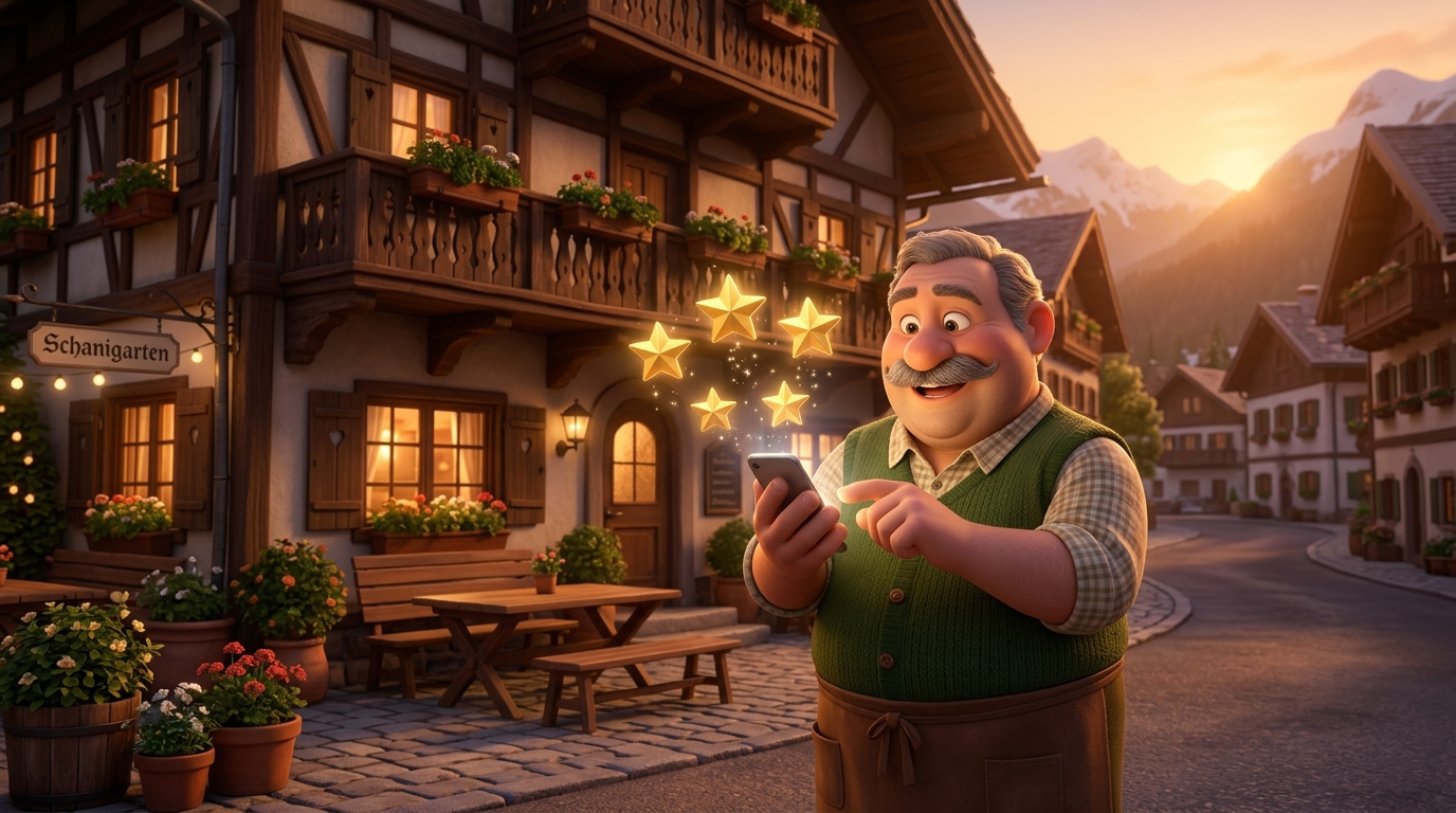 Illustration eines lächelnden Wirts vor seinem Gasthaus, der auf seinem Smartphone goldene Bewertungssterne betrachtet