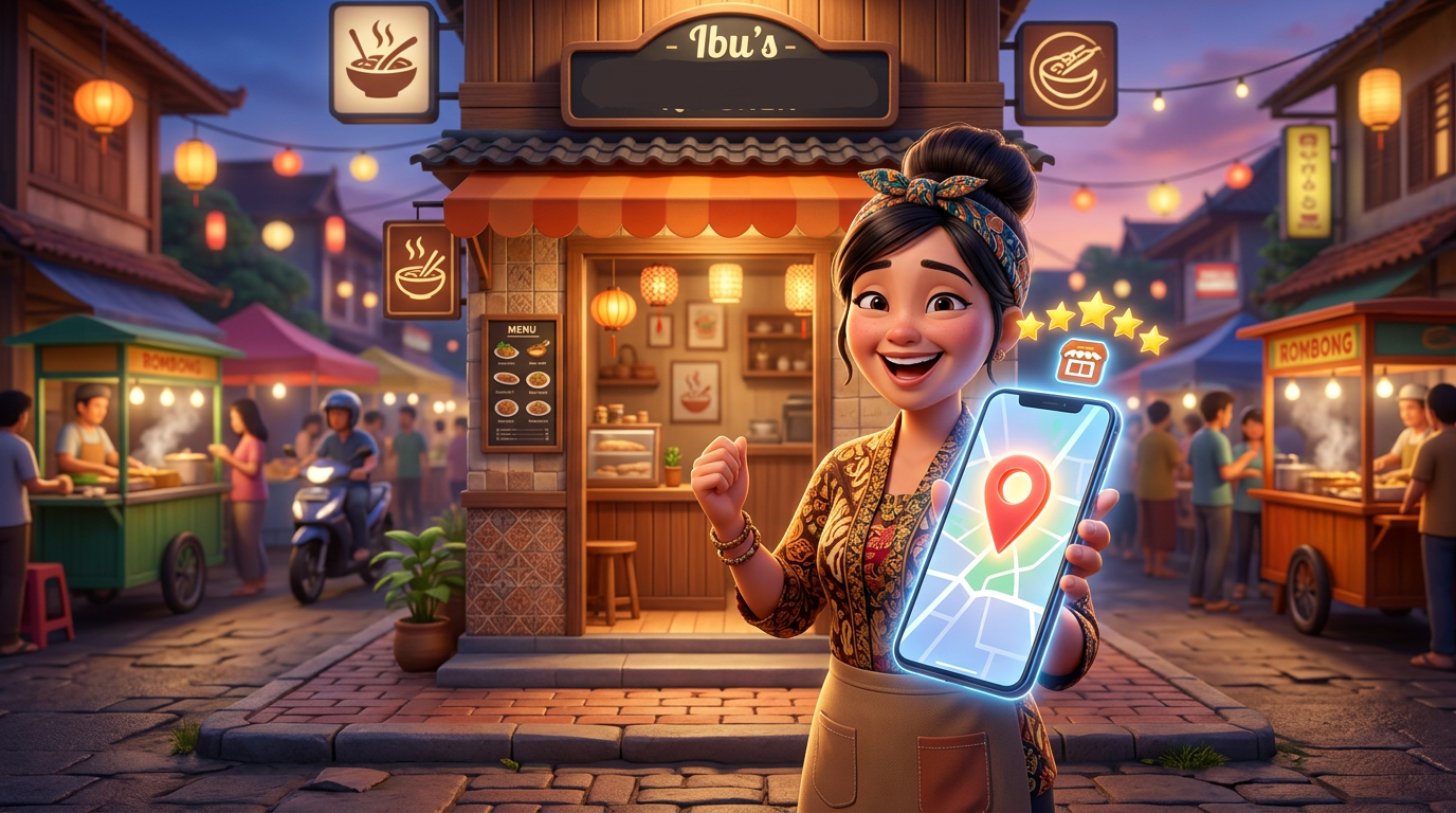 Ilustrasi 3D pemilik restoran tersenyum memegang smartphone besar yang menampilkan pin peta dan rating lima bintang di depan restorannya