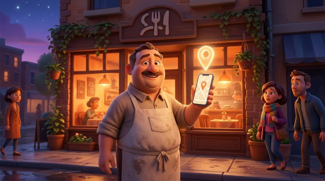 店先でスマートフォンの地図に光るピンを確かめる飲食店の店主のイラスト