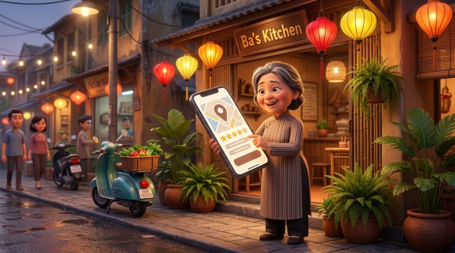Chủ nhà hàng Việt Nam đứng trước quán treo đèn lồng, cập nhật hồ sơ doanh nghiệp Google trên điện thoại hiển thị ghim bản đồ và sao đánh giá