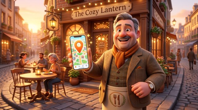 Proud restaurant owner in front of his bistro holding a smartphone showing a map with a large location pin and floating stars