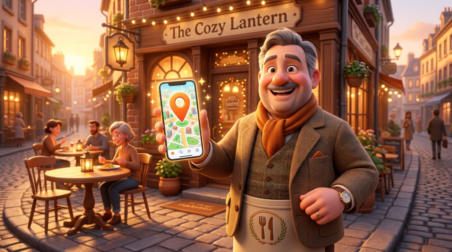Proud restaurant owner in front of his bistro holding a smartphone showing a map with a large location pin and floating stars