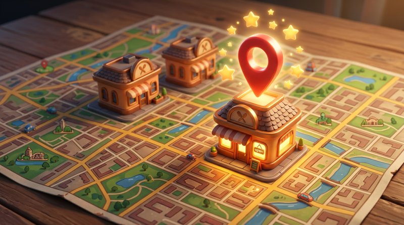 Three stylized miniature restaurants standing on a city map, the winner highlighted by a giant location pin and golden stars