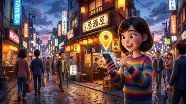 夕暮れの街角でスマートフォンの地図に表示されたレストランのピンをタップする人のイラスト