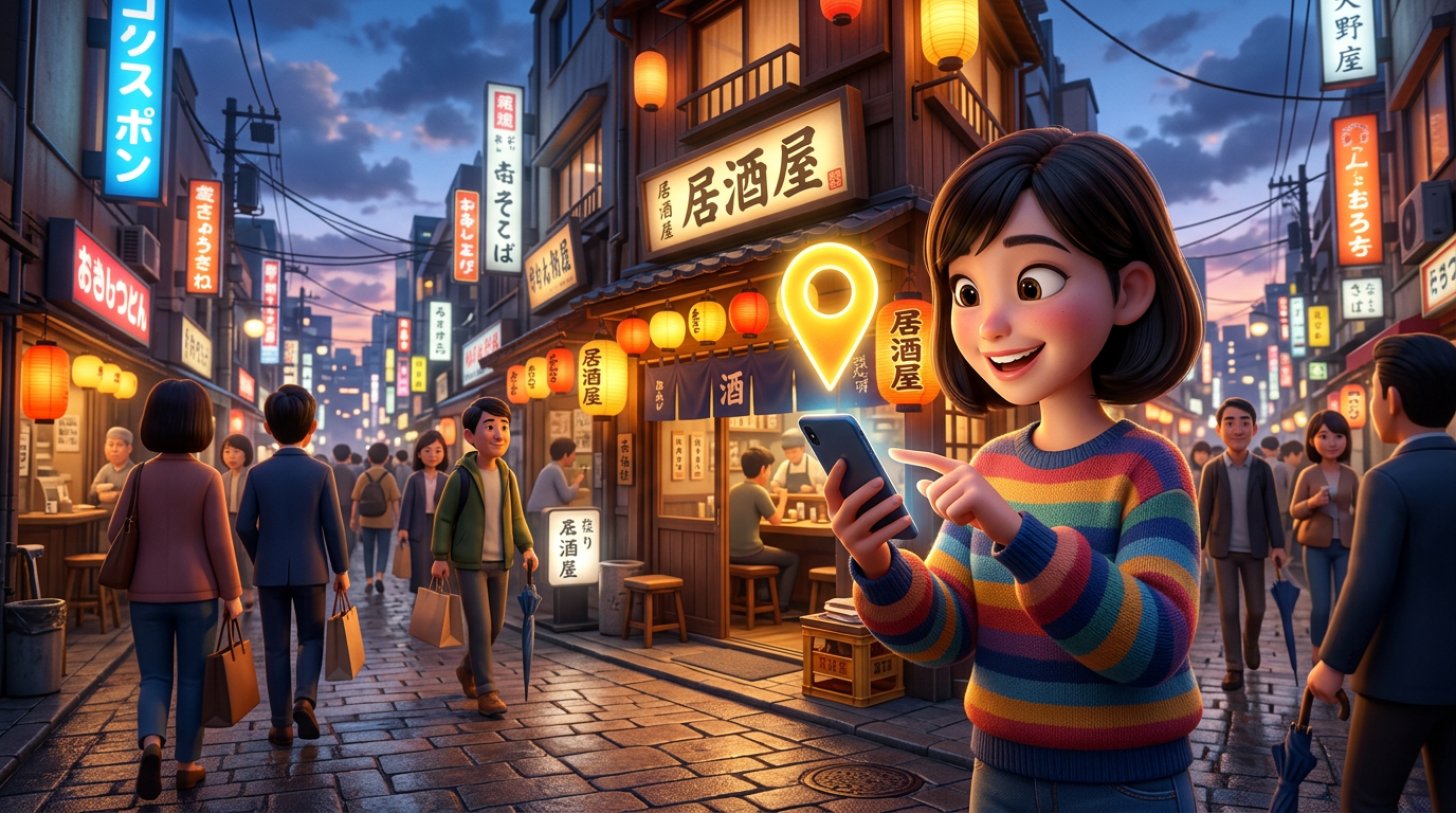 夕暮れの街角でスマートフォンの地図に表示されたレストランのピンをタップする人のイラスト