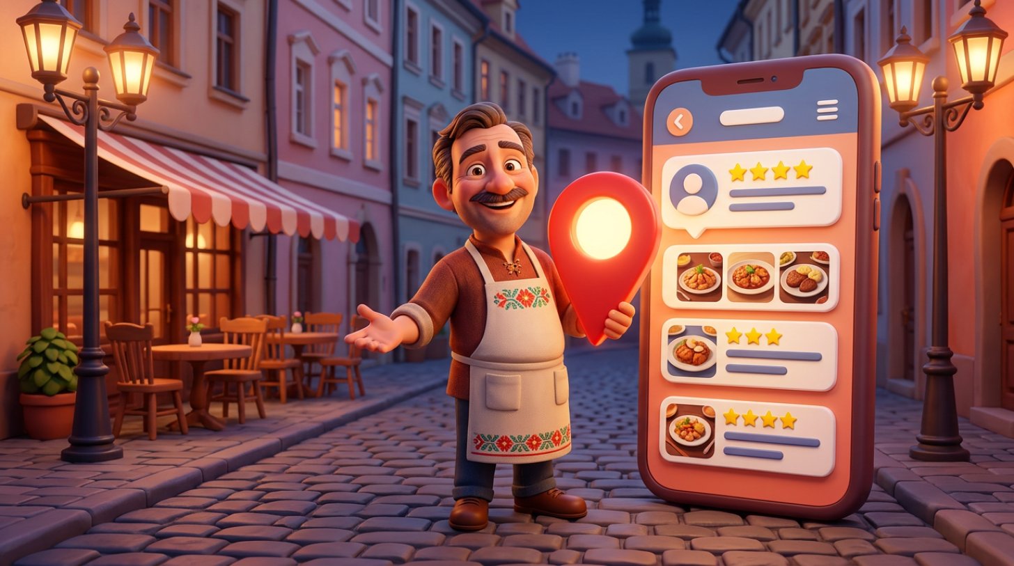 Restauratér před svým bistrem drží velký červený mapový špendlík, vedle stojí obří telefon s profilem restaurace