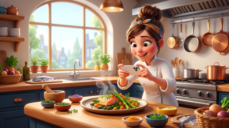 Kock som fotograferar en färgstark tallrik med sin mobil i ett ljust professionellt restaurangkök