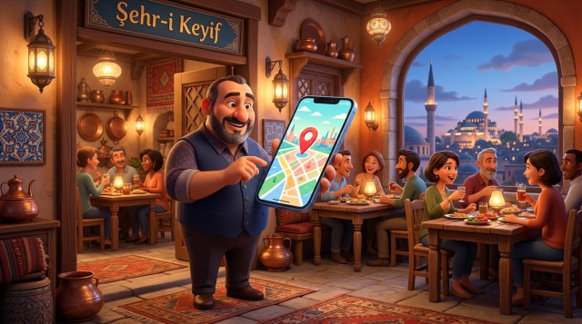 Restoranının girişinde elindeki telefondan harita uygulamasına bakan gülümseyen restoran işletmecisi, arkasında yemek yiyen misafirler ve pencereden görünen İstanbul silüeti