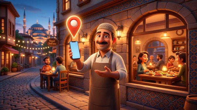 Restoranının önünde elinde telefonla duran ve üzerinde harita konum işareti beliren gururlu bir restoran işletmecisinin 3D illüstrasyonu
