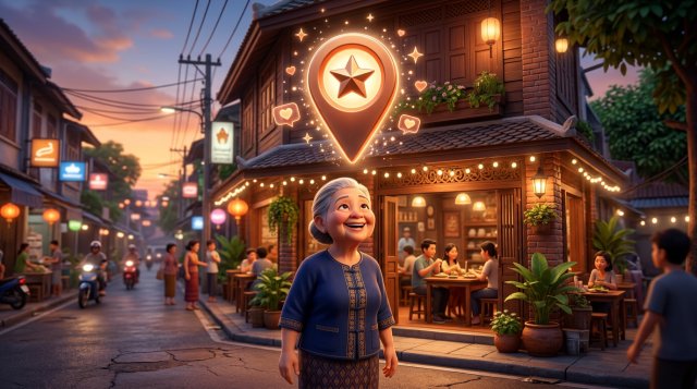 ภาพประกอบเจ้าของร้านอาหารไทยยืนหน้าร้านตึกแถว มีหมุดแผนที่ขนาดใหญ่เรืองแสงพร้อมดาวรีวิวลอยอยู่เหนือร้าน