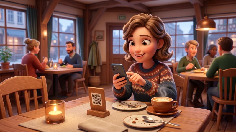 Gäst vid ett restaurangbord skannar en QR-kod på ett litet bordsställ bredvid kaffekoppen och desserttallriken