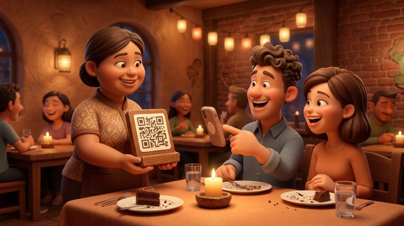 Servírka ukazuje dvojici hostů u stolu dřevěný stojánek s velkým QR kódem a host na něj míří telefonem