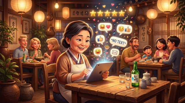영업이 끝난 매장에서 태블릿으로 별점 리뷰에 답변을 쓰는 사장님과 뒤편에서 식사하는 외국인 손님들의 일러스트