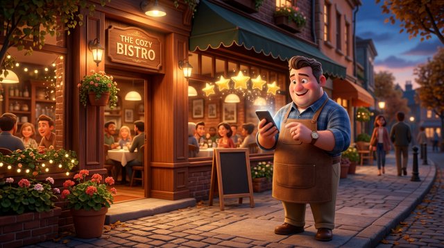 Illustration of a smiling restaurant owner outside his restaurant at dusk, looking at review stars floating above his phone