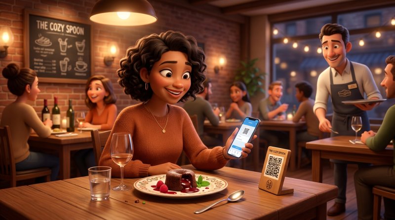 A diner at a restaurant table scans a QR code stand with her smartphone next to her dessert plate