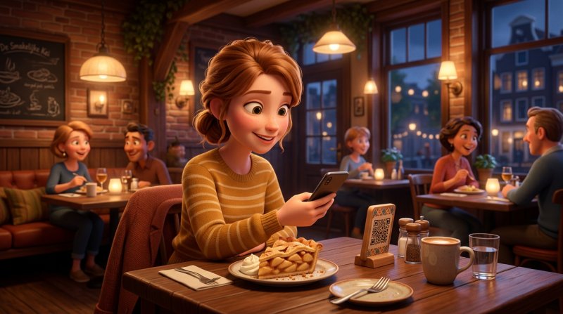 Gast aan een restauranttafel scant met haar smartphone een QR-code op een standaard naast haar dessertbord