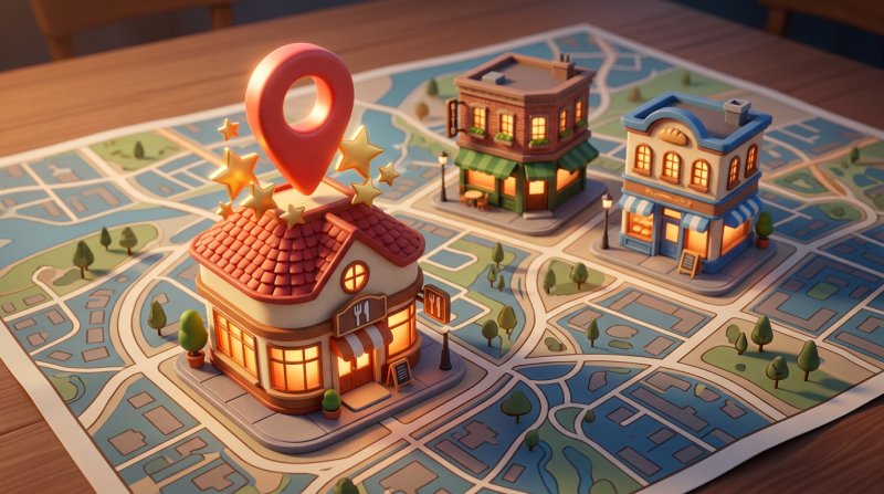 Drei stilisierte Miniatur-Restaurants auf einem Stadtplan, das vorderste hervorgehoben durch eine riesige rote Standortnadel und goldene Sterne