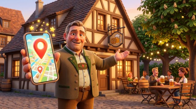 Stolzer Gastwirt vor seinem Gasthaus mit Biergarten, in der Hand ein Smartphone mit Stadtplan, großer Standortnadel und goldenen Sternen