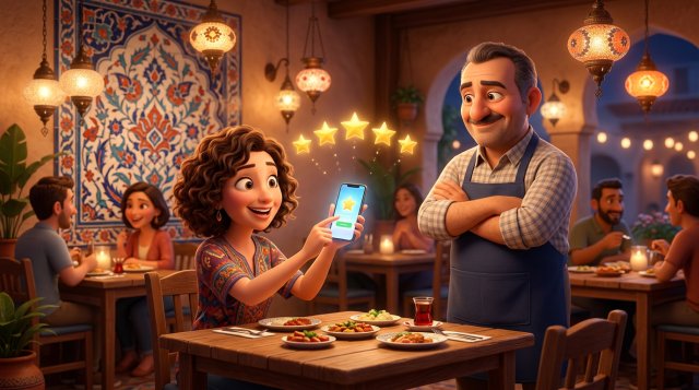 Restoran masasında telefonunun üzerinde beş altın yıldız beliren mutlu misafire gülümseyen restoran işletmecisinin 3D illüstrasyonu